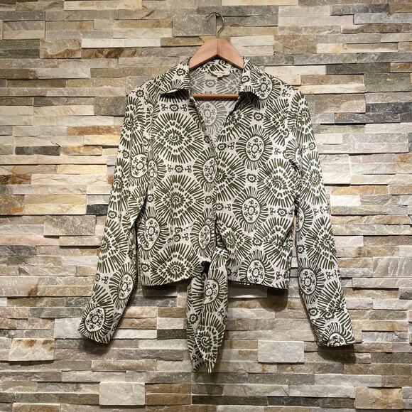 Haute Hippie Green Sunburst Blouse, M | Linen Blend, Tie-Front, Boho Luxe NWOT - Picture 9 of 9